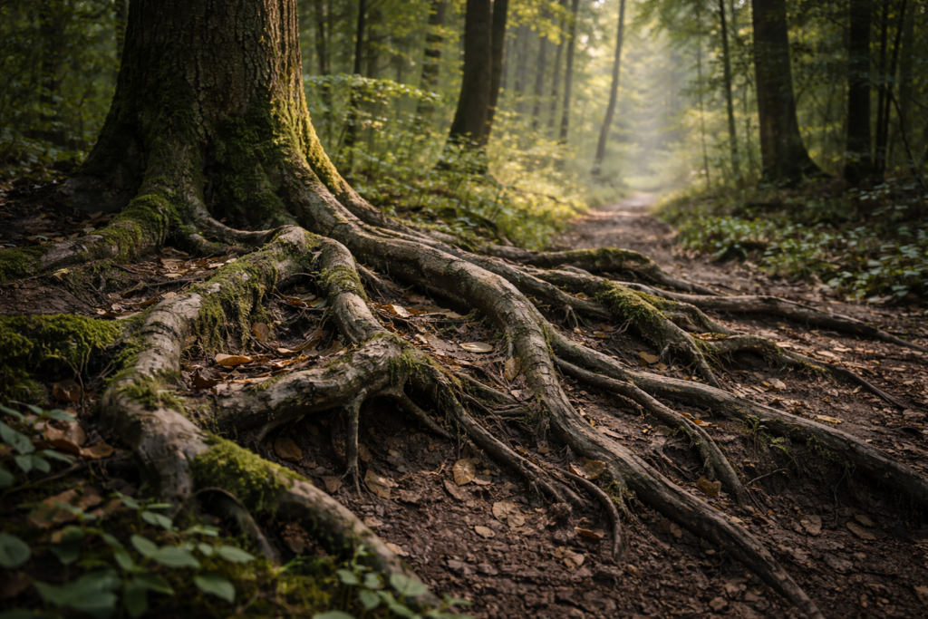 Baum mit freigelegten Wurzeln im Wald als Symbol für Posttraumatische Belastungsstörung PTBS und tief liegende Belastungen